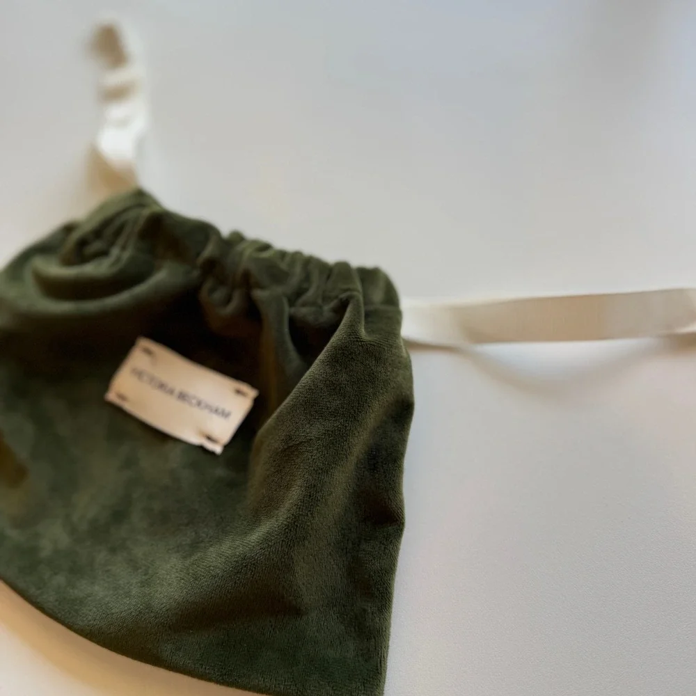 Victoria Beckham Olive Green Velvet Drawstring Pouch Ribbon Tie Logo Accessory